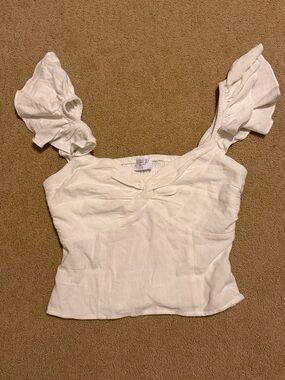 Sienna Sky White Ruffle Strap Twist Front Crop Top